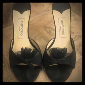 Jimmy Choo Black Satin Peep Toe Kitten Heel